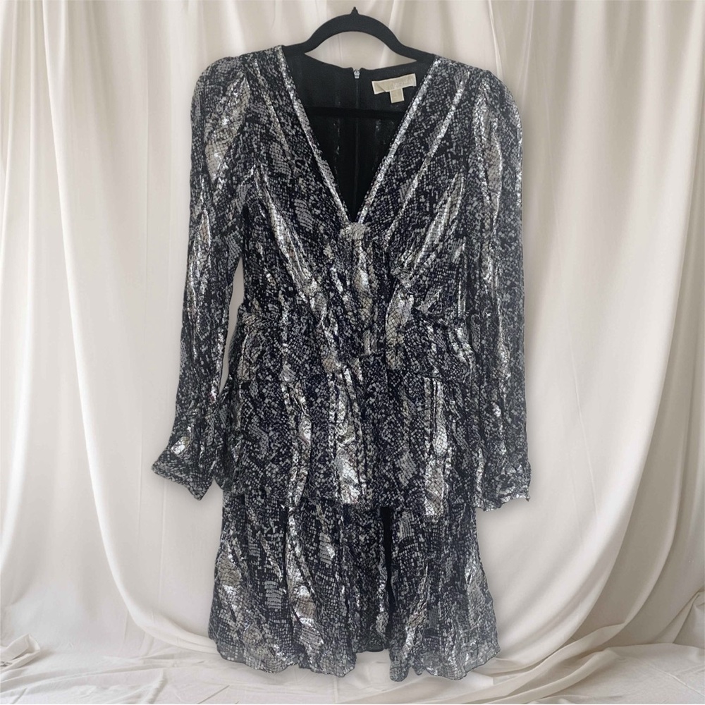 MK Michael Kors Festive Black and Silver Patterned Dress, Shimmering, Size Small